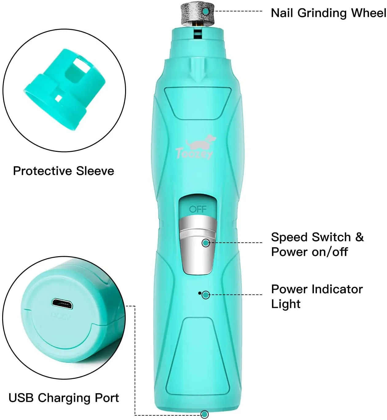 New Toozey Professional Rechargeable Nail Grinder for dogs & Cats! 2-Speed  with 2 Grinding Wheels, Low Noise, Painless!