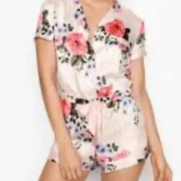 NWT Victoria’s Secret Floral Satin Shorts Romper Sleep Lrg MSRP $59.50 Coquette