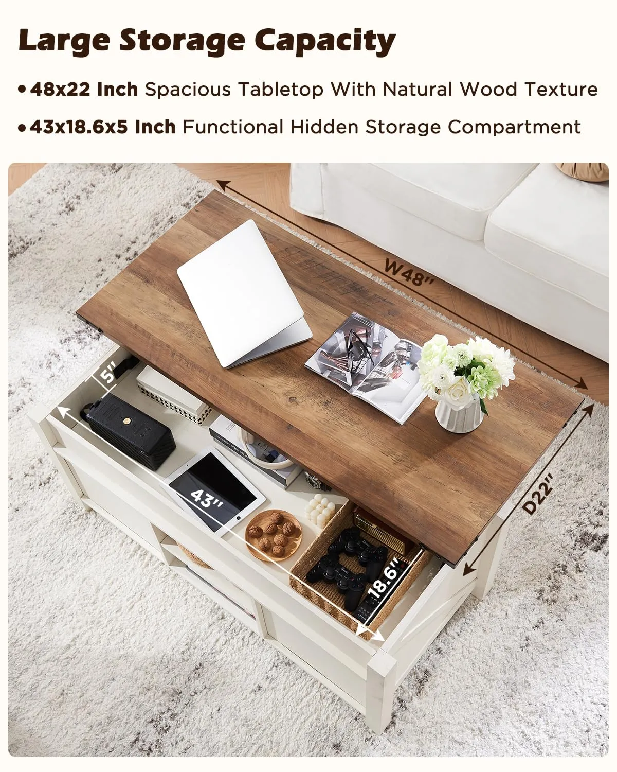 OKD 48" Farmhouse Lift Top Coffee Table with Sliding Barn Door,Rustic Center Table with Hidden Storage Compartment,Lifting Tabletop and Adjustable Shelf for Living Room,Office,Antique White