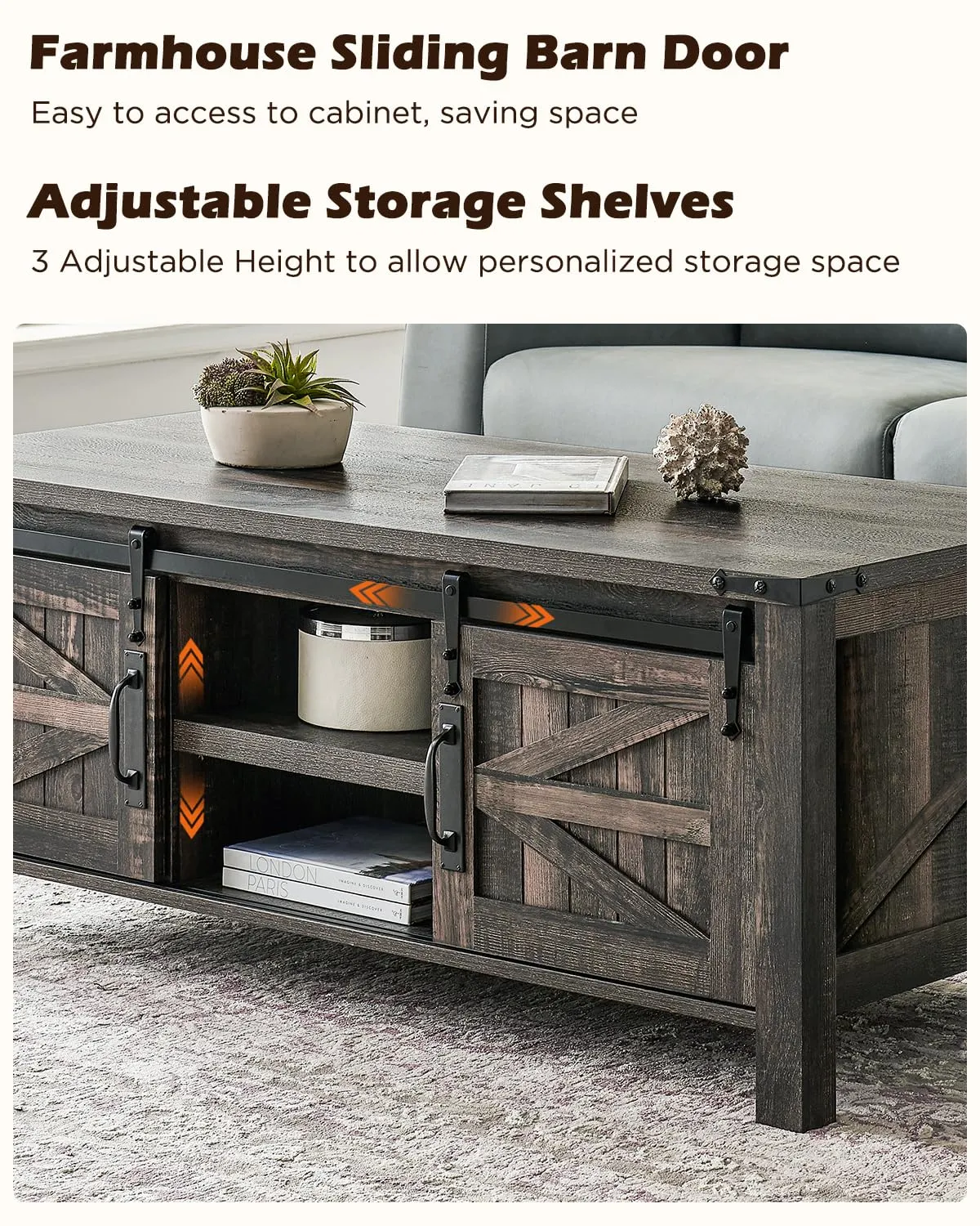OKD 48" Farmhouse Lift Top Coffee Table with Sliding Barn Door,Rustic Center Table with Hidden Storage Compartment,Lifting Tabletop and Adjustable Shelf for Living Room,Office,Dark Rustic Oak
