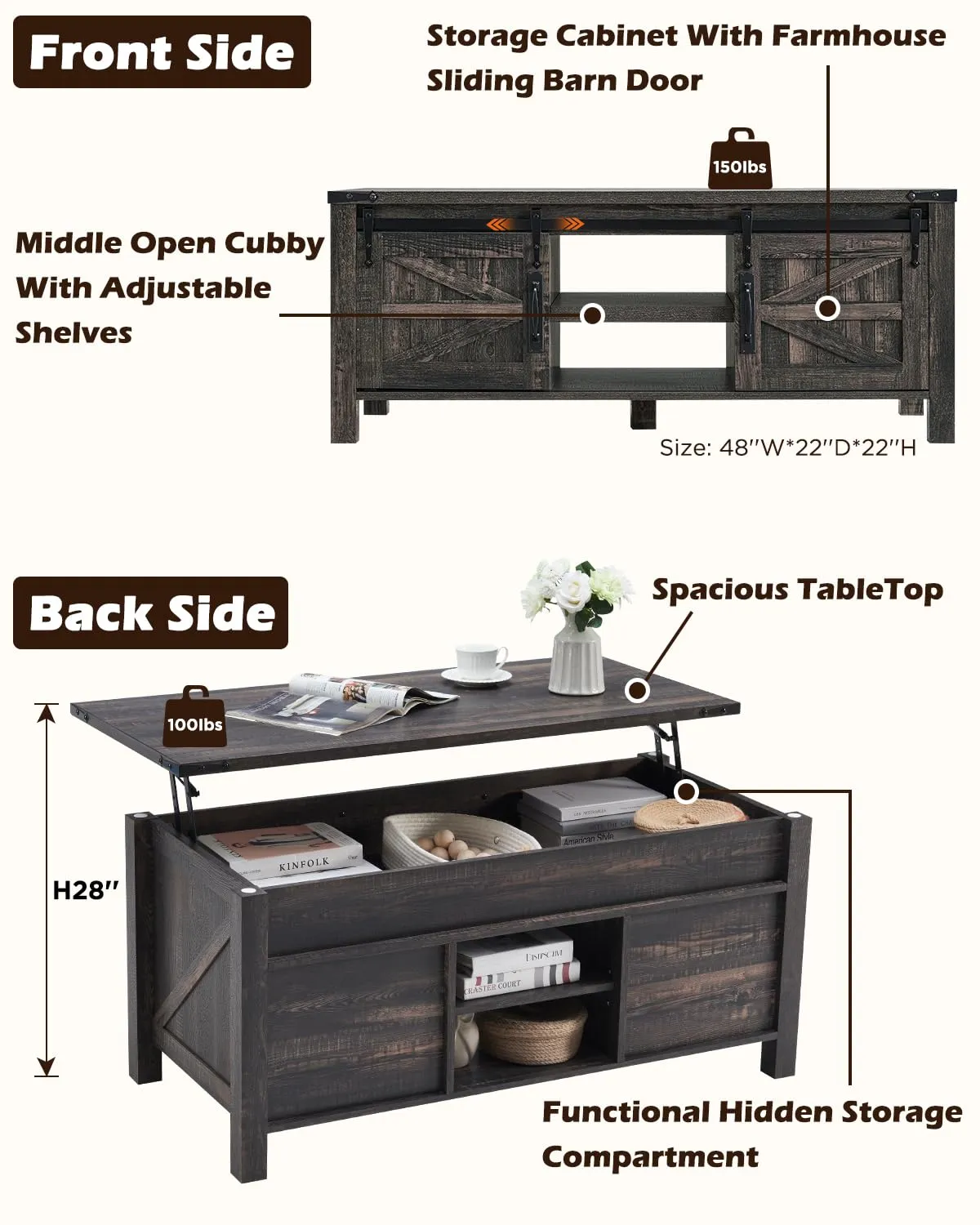 OKD 48" Farmhouse Lift Top Coffee Table with Sliding Barn Door,Rustic Center Table with Hidden Storage Compartment,Lifting Tabletop and Adjustable Shelf for Living Room,Office,Dark Rustic Oak
