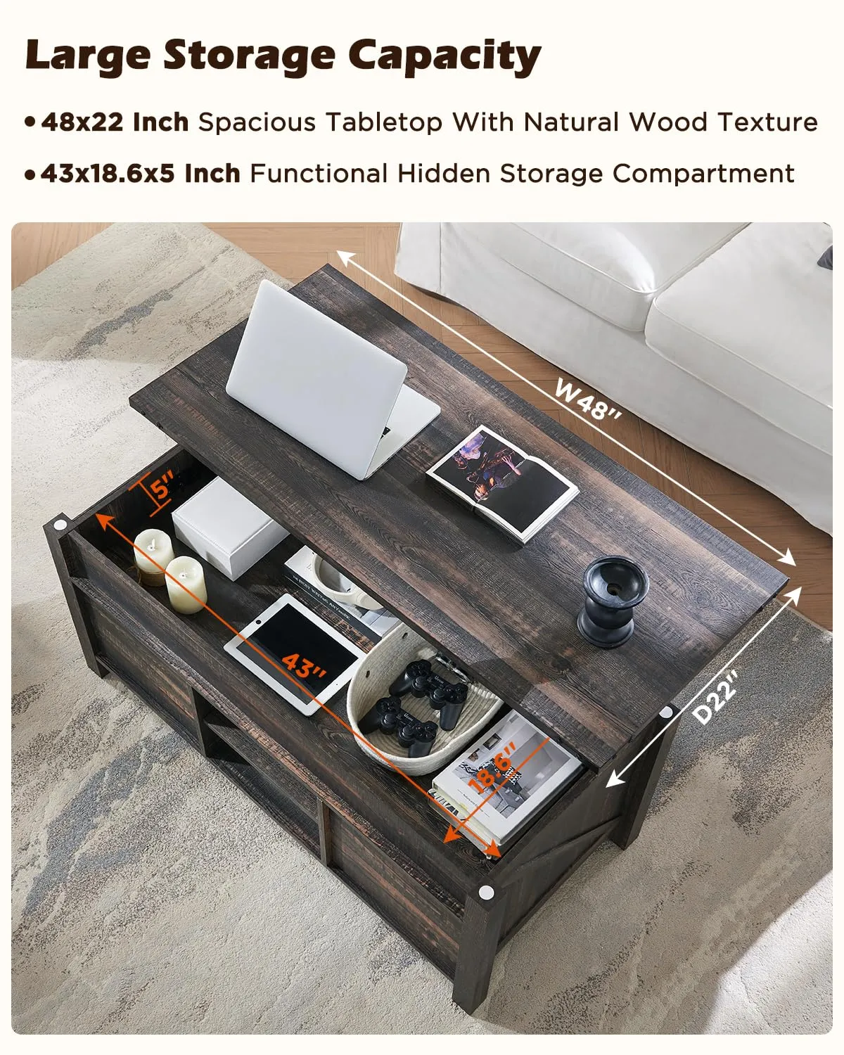 OKD 48" Farmhouse Lift Top Coffee Table with Sliding Barn Door,Rustic Center Table with Hidden Storage Compartment,Lifting Tabletop and Adjustable Shelf for Living Room,Office,Dark Rustic Oak