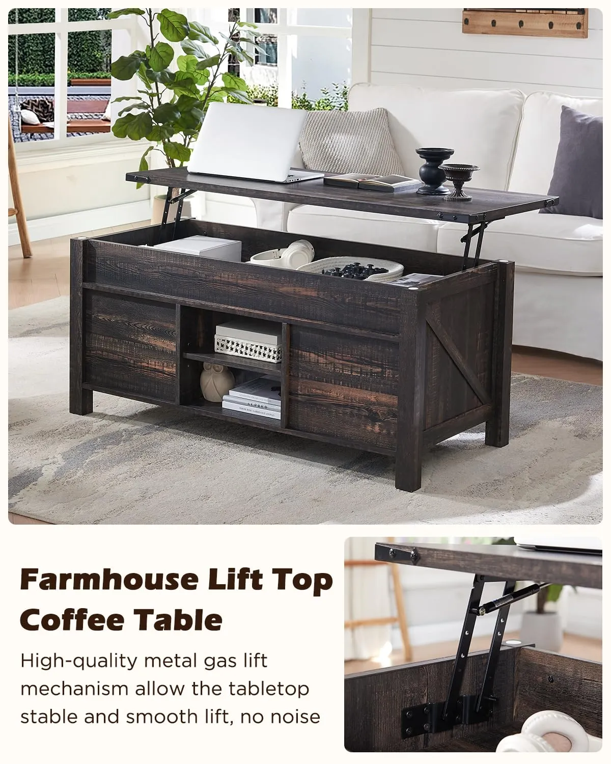 OKD 48" Farmhouse Lift Top Coffee Table with Sliding Barn Door,Rustic Center Table with Hidden Storage Compartment,Lifting Tabletop and Adjustable Shelf for Living Room,Office,Dark Rustic Oak
