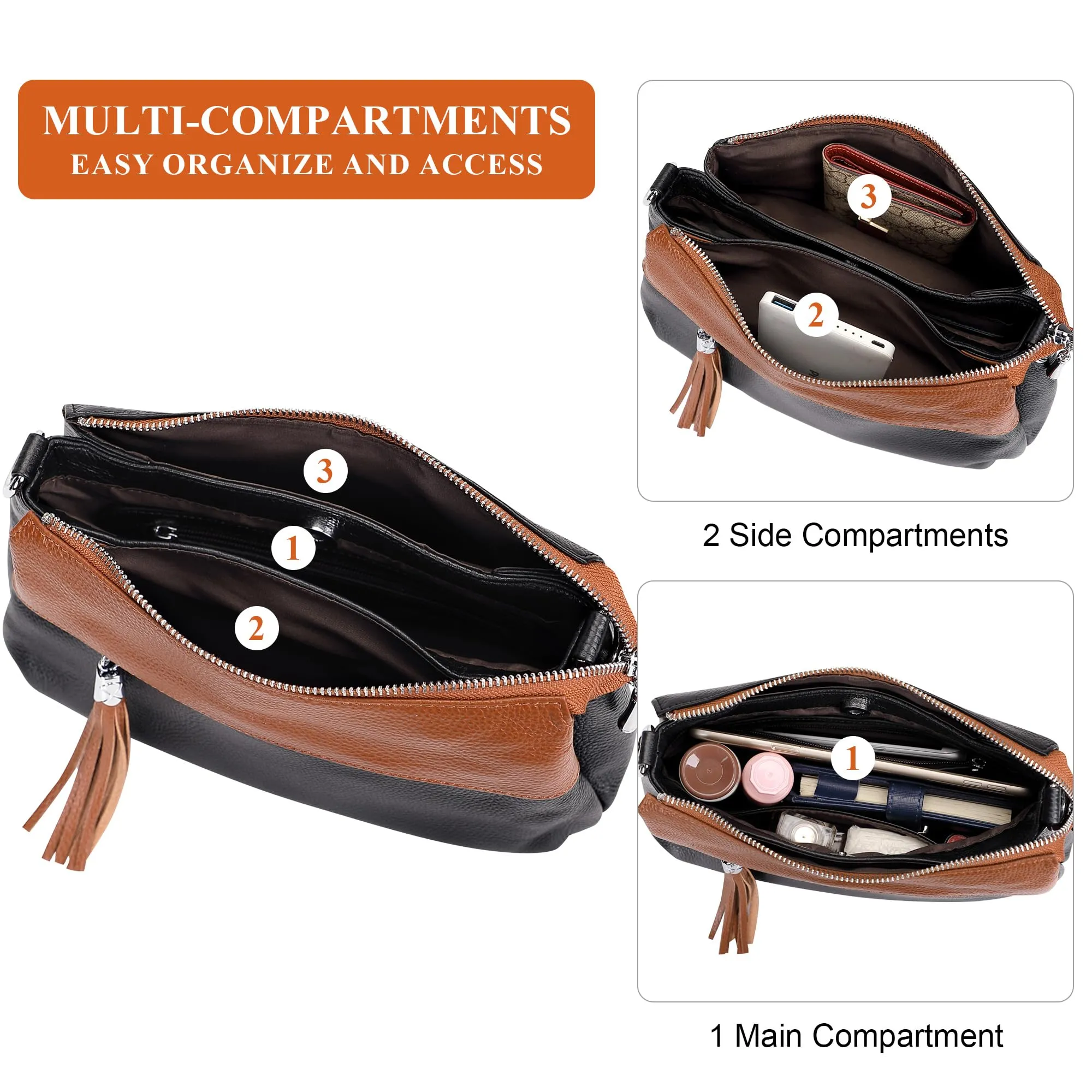 Over Earth Leather Handbags for Women Small Hobo Shoulder Bag Ladies Crossbody Purse(O111-2E Black/Brown)