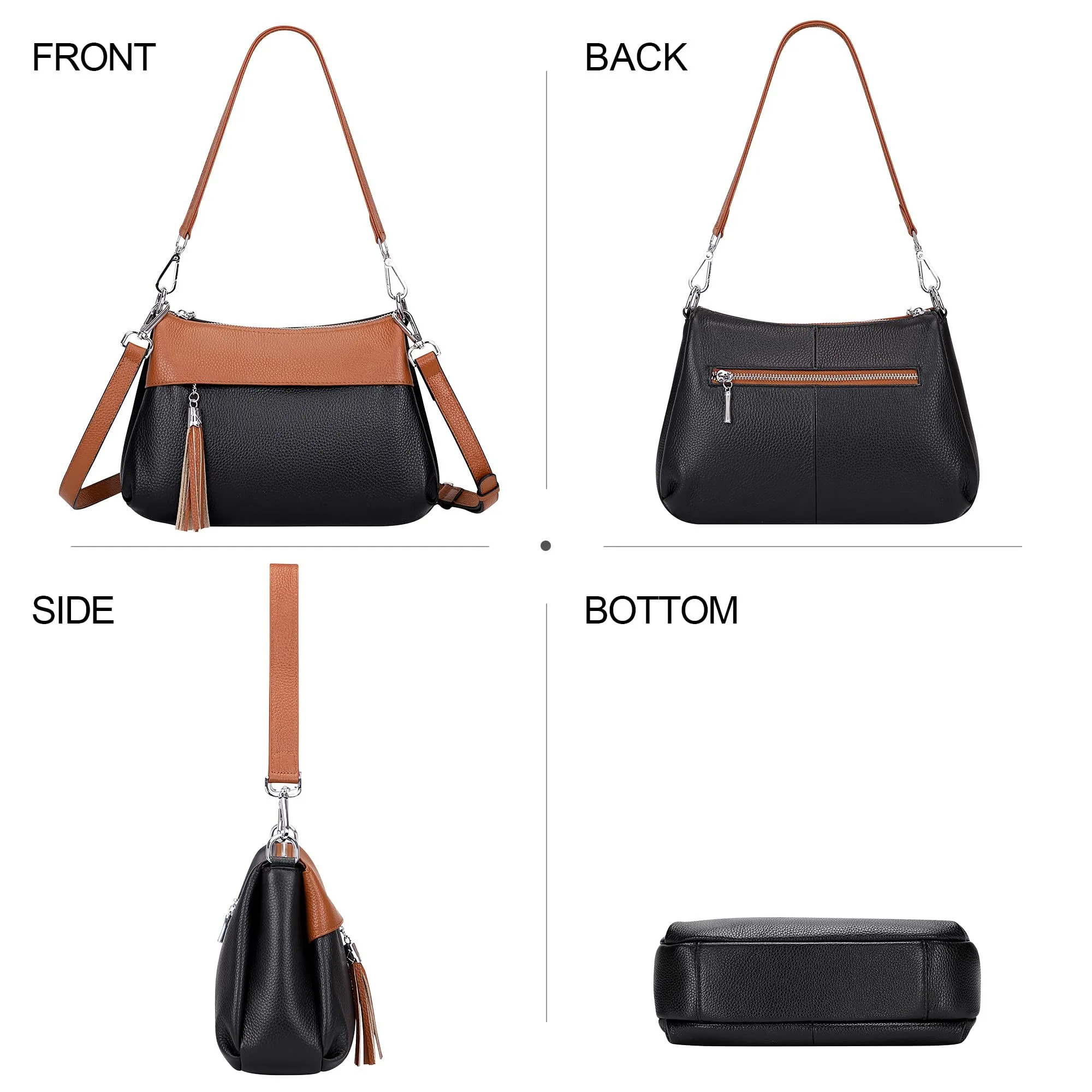 Over Earth Leather Handbags for Women Small Hobo Shoulder Bag Ladies Crossbody Purse(O111-2E Black/Brown)