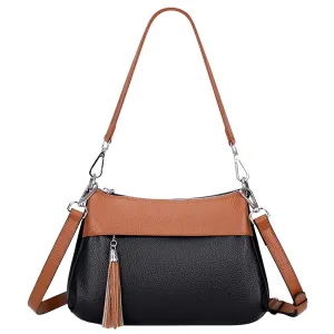 Over Earth Leather Handbags for Women Small Hobo Shoulder Bag Ladies Crossbody Purse(O111-2E Black/Brown)