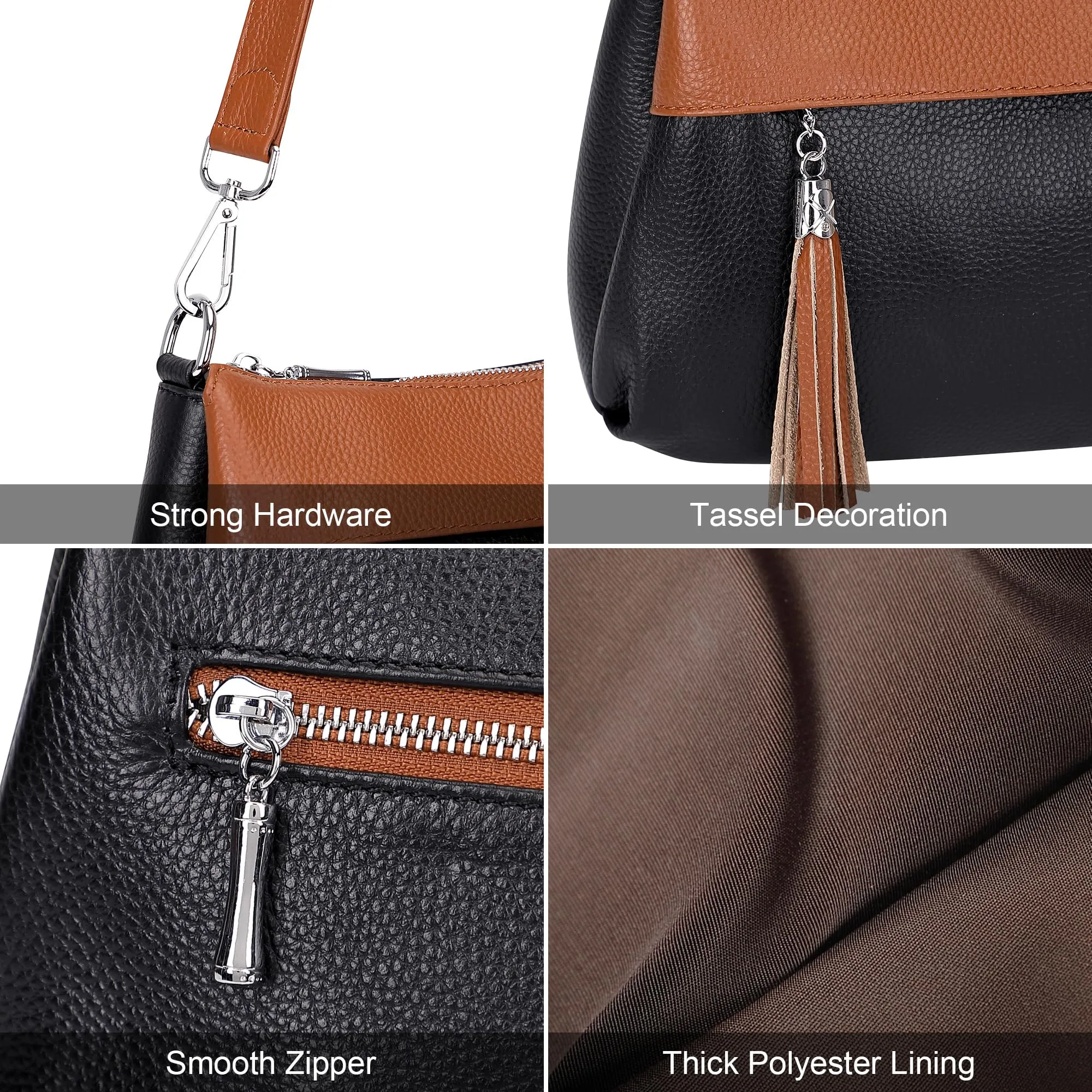 Over Earth Leather Handbags for Women Small Hobo Shoulder Bag Ladies Crossbody Purse(O111-2E Black/Brown)