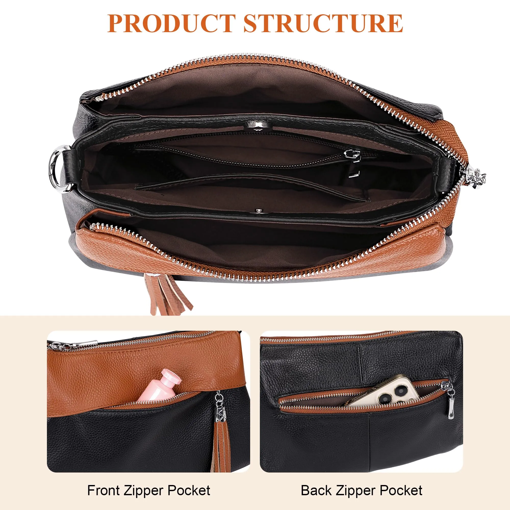 Over Earth Leather Handbags for Women Small Hobo Shoulder Bag Ladies Crossbody Purse(O111-2E Black/Brown)