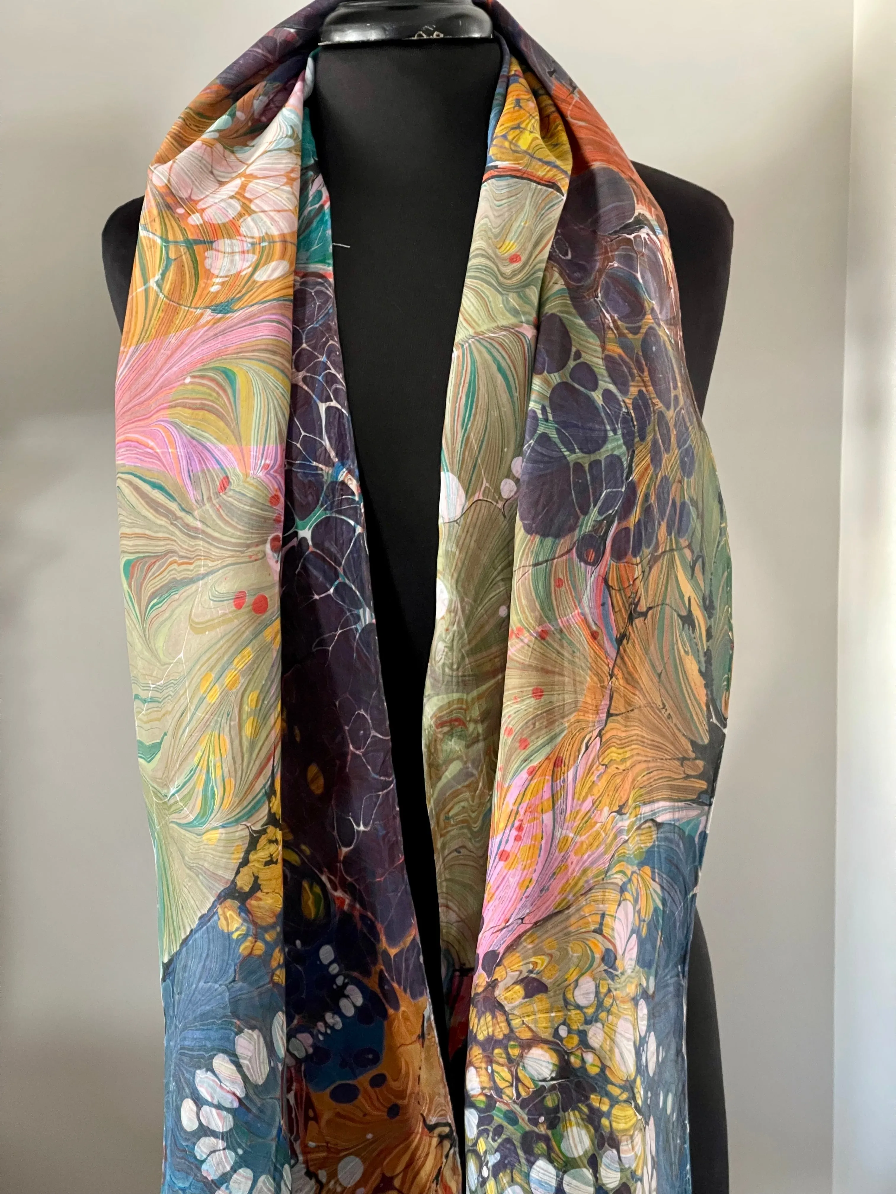 Over marbled water marbled random over flame pattern Silk, Scarf, table runner or wall hanging.scarf ... original.