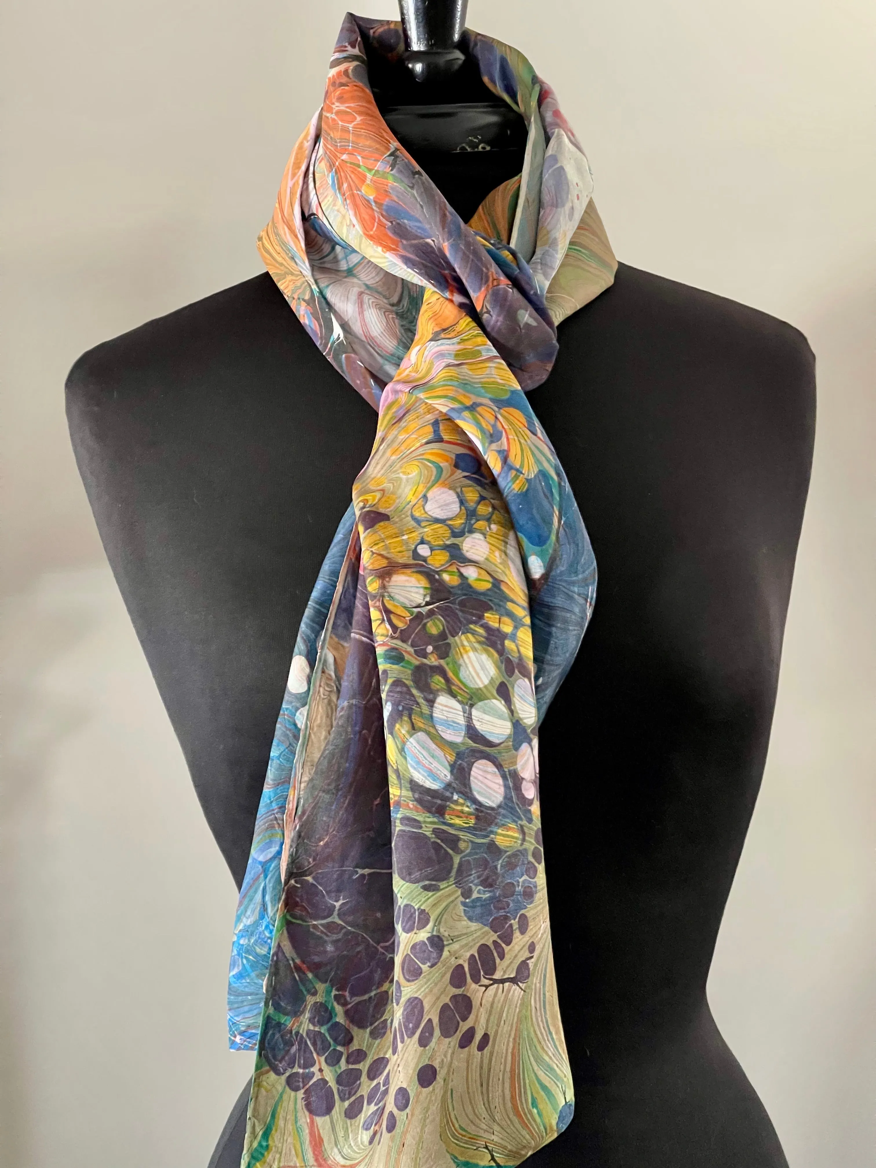 Over marbled water marbled random over flame pattern Silk, Scarf, table runner or wall hanging.scarf ... original.