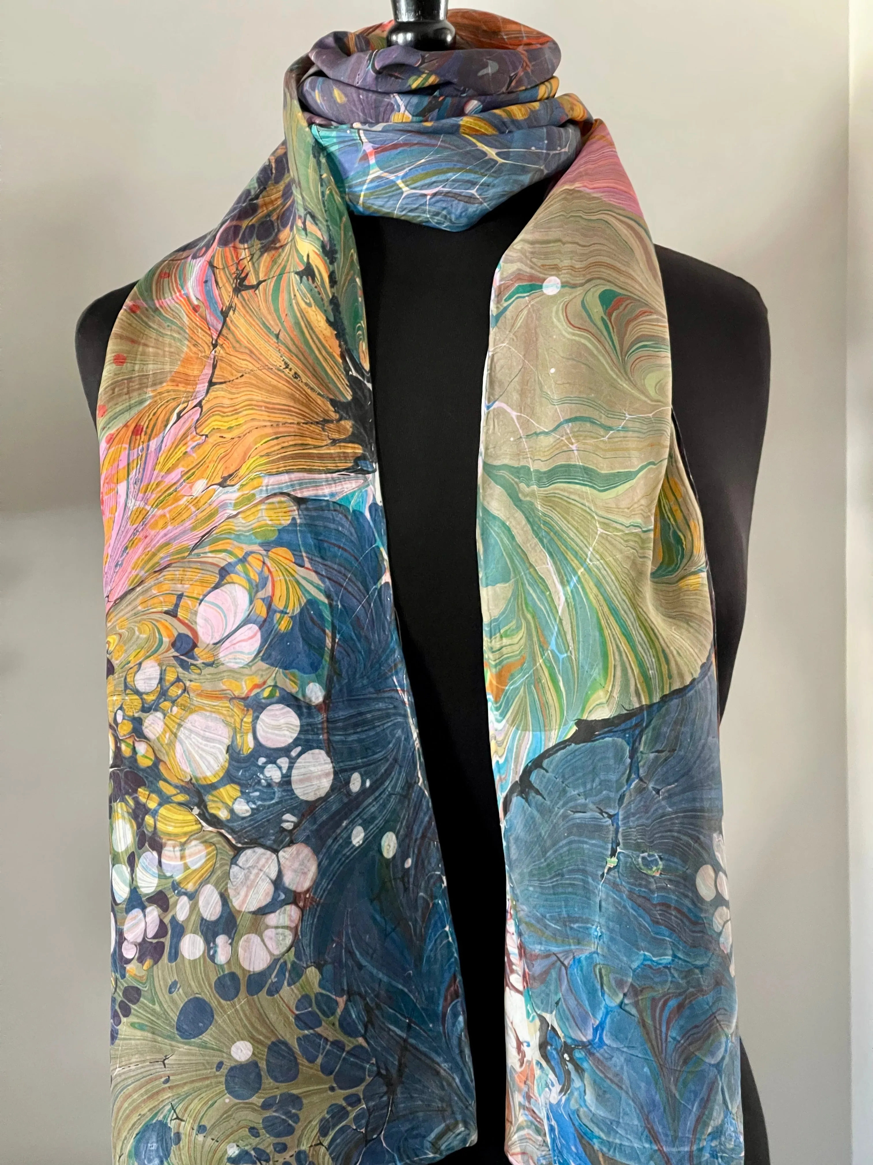 Over marbled water marbled random over flame pattern Silk, Scarf, table runner or wall hanging.scarf ... original.