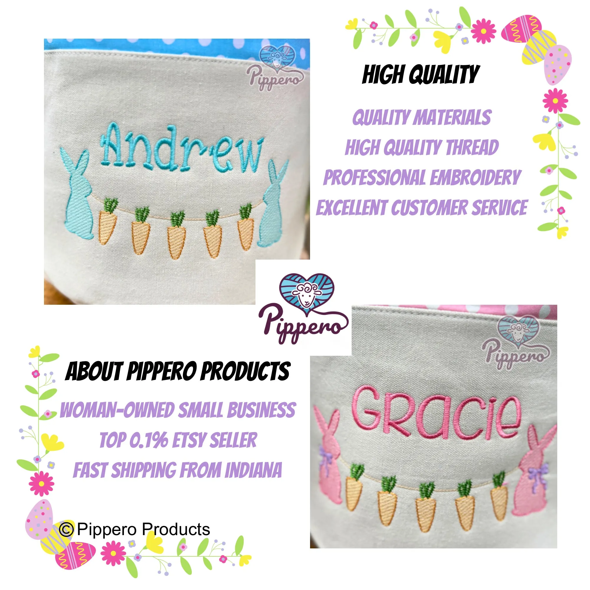 Personalized Bunny with Carrots Design Embroidered Kid's Easter Egg Candy Basket