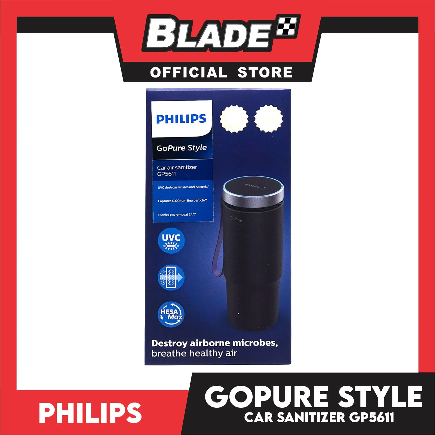 Philips GoPure Style Car Air Sanitizer GP5611 (Black) for Car Air Sanitizer Destroy Airborne Microbes