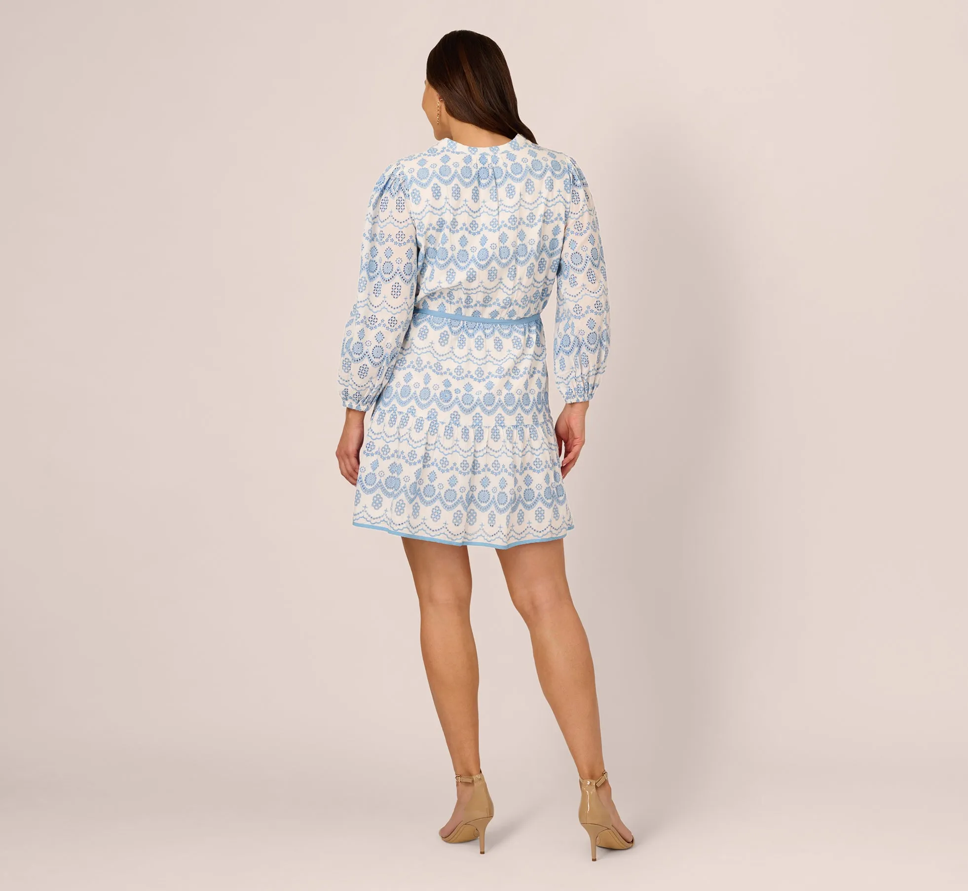 Plus Size Long Sleeve Flounce Eyelet Shirt Dress In Light Blue Ivory