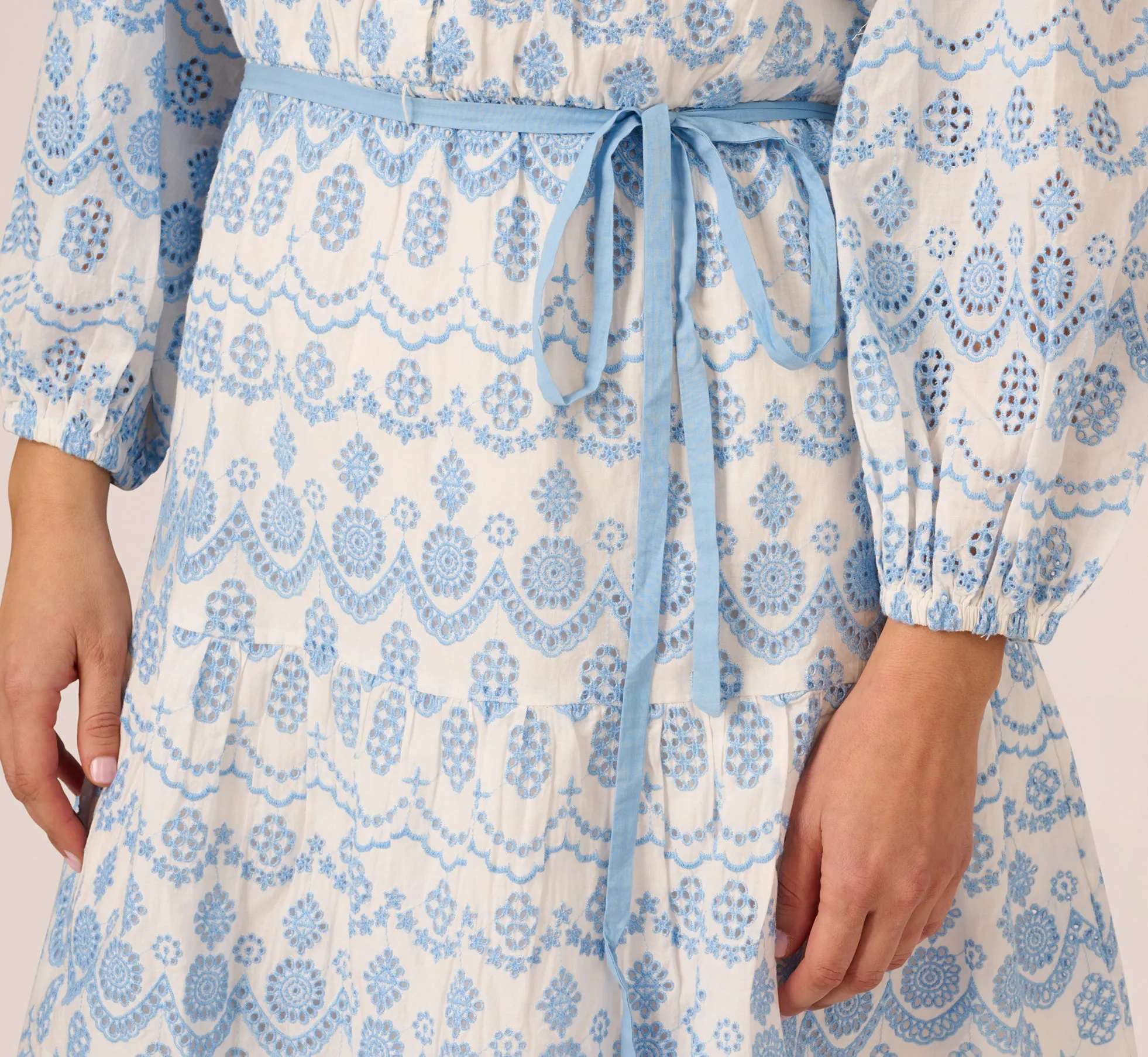 Plus Size Long Sleeve Flounce Eyelet Shirt Dress In Light Blue Ivory