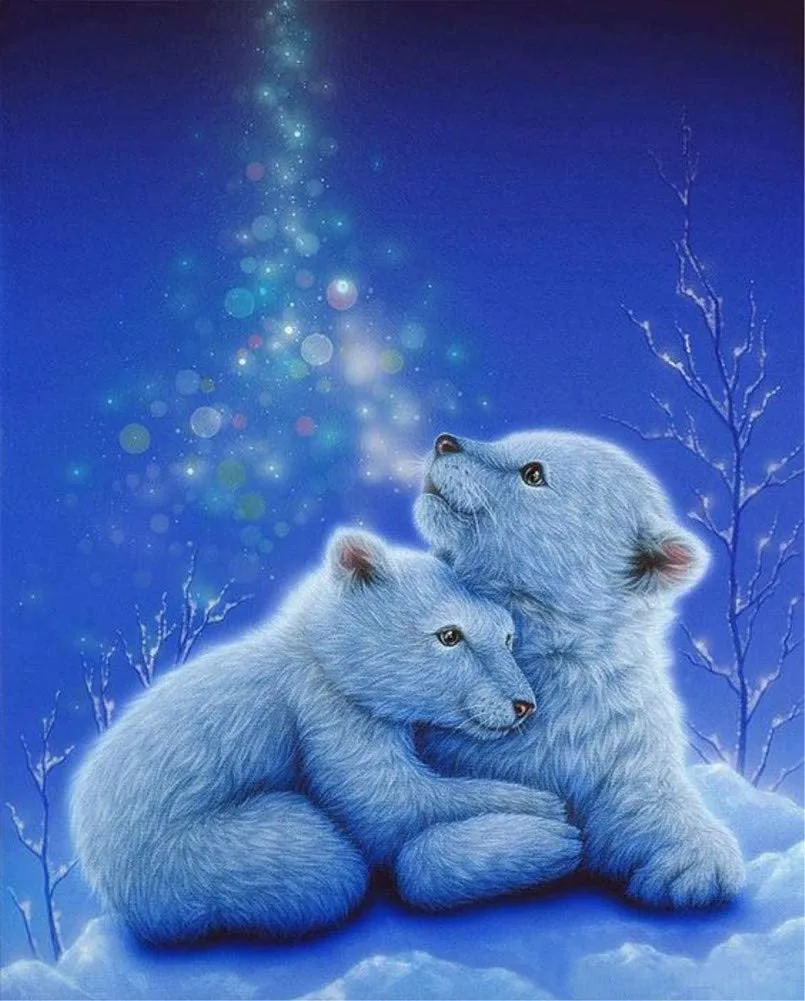 Polar Bear Cubs in Snow | Partial Drill Round Diamond 8"x10" | DIY 5D Diamond Art Full Drill Embroidery Painting Kit | Home Wall Art Décor
