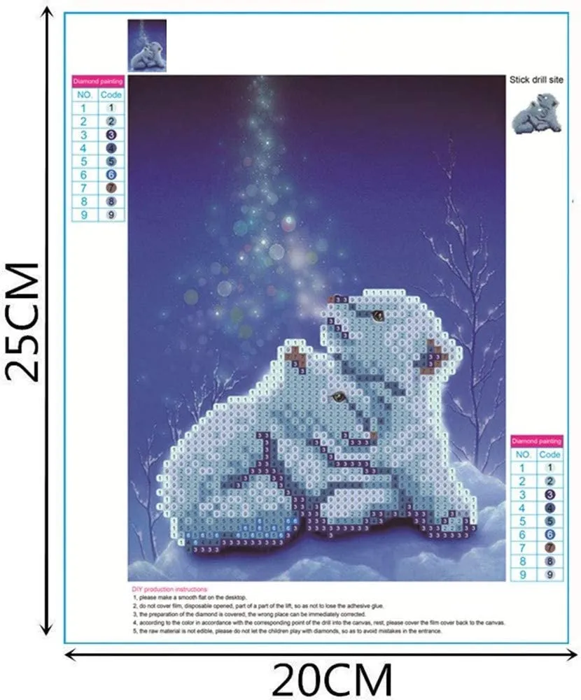 Polar Bear Cubs in Snow | Partial Drill Round Diamond 8"x10" | DIY 5D Diamond Art Full Drill Embroidery Painting Kit | Home Wall Art Décor