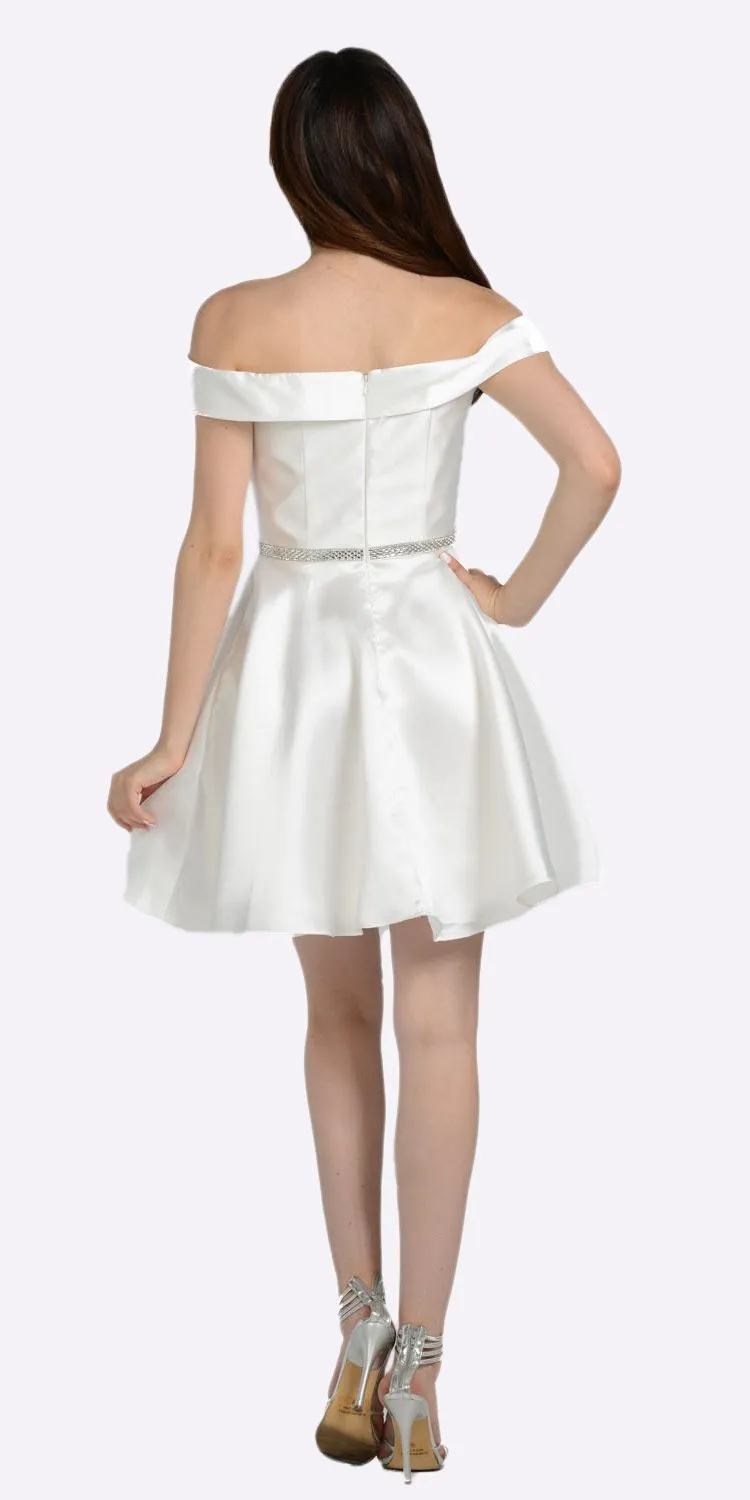 Poly USA 7948 Off Shoulder A-Line Short Satin Homecoming Dress