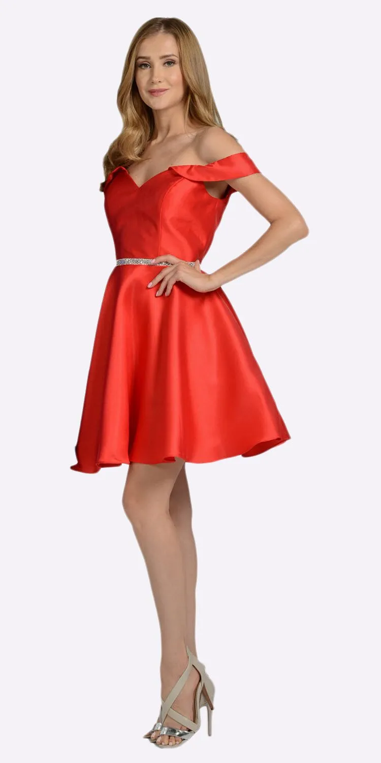 Poly USA 7948 Off Shoulder A-Line Short Satin Homecoming Dress