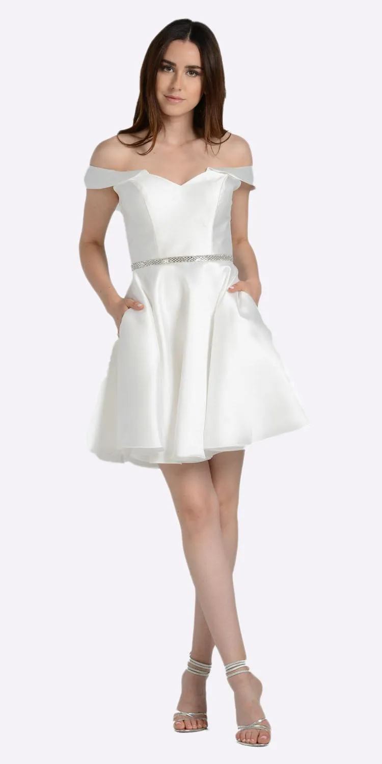 Poly USA 7948 Off Shoulder A-Line Short Satin Homecoming Dress