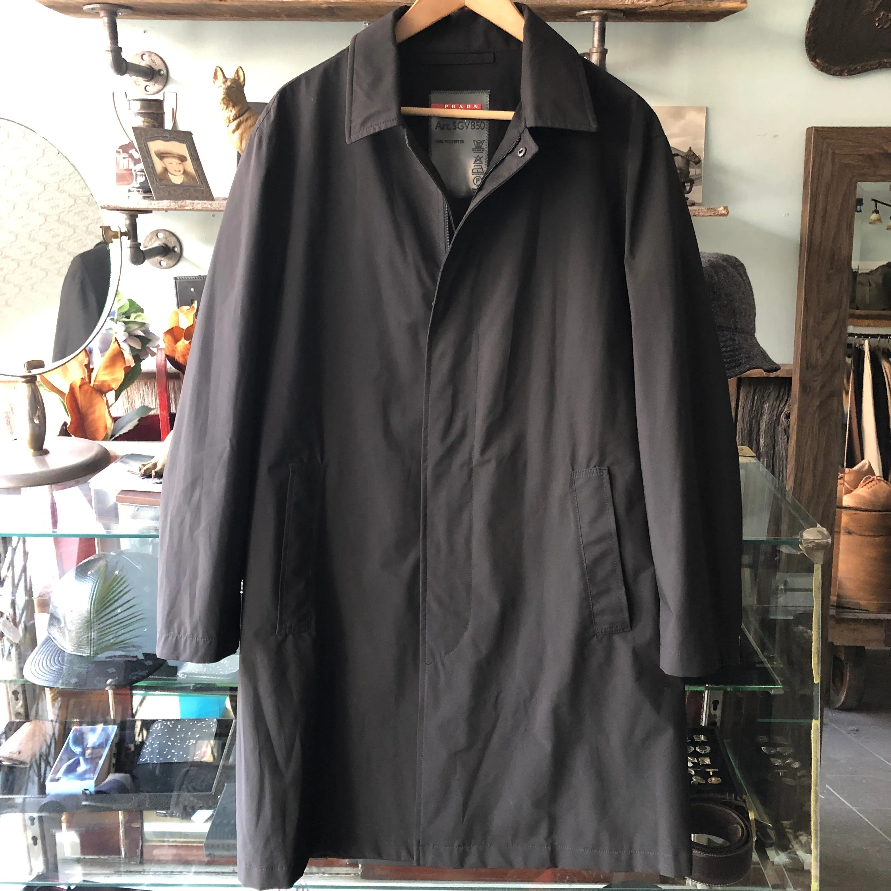 Prada Long Lightweight Black Shell Mac Coat - M