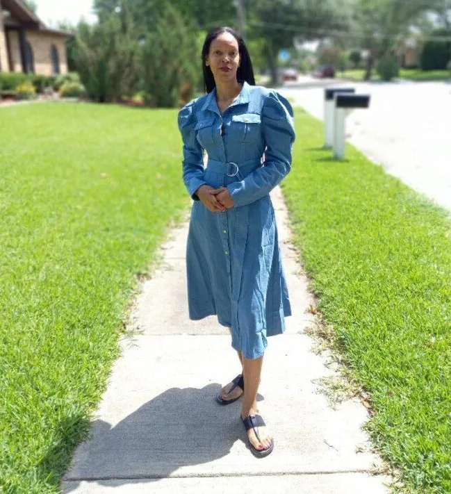 Puff Sleeve Denim Midi Dress