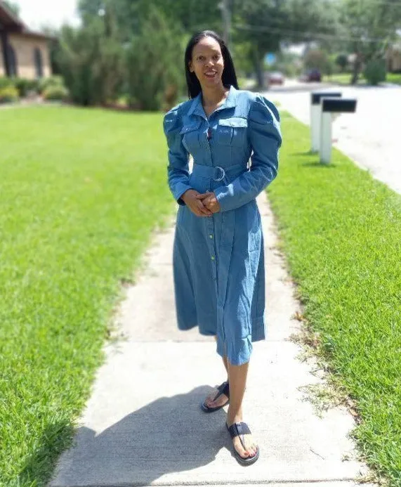 Puff Sleeve Denim Midi Dress