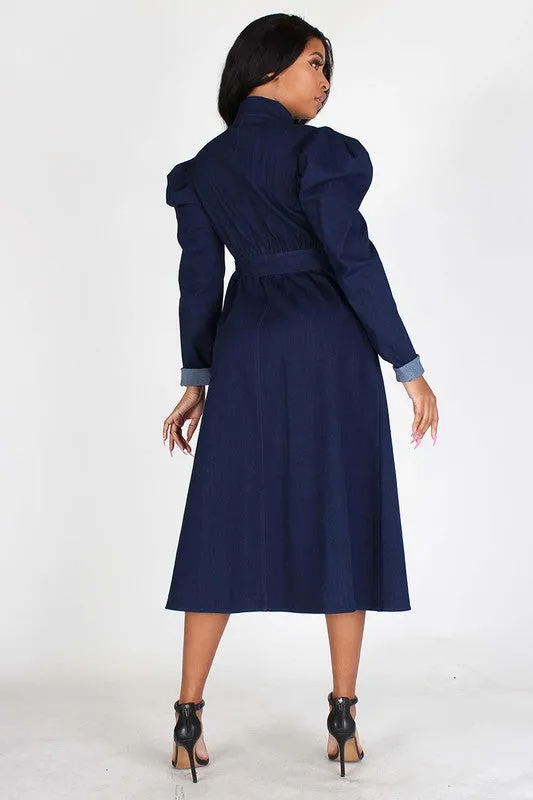 Puff Sleeve Denim Midi Dress