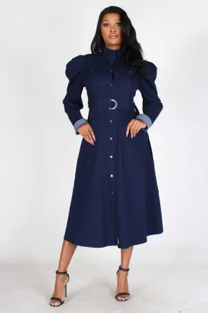 Puff Sleeve Denim Midi Dress