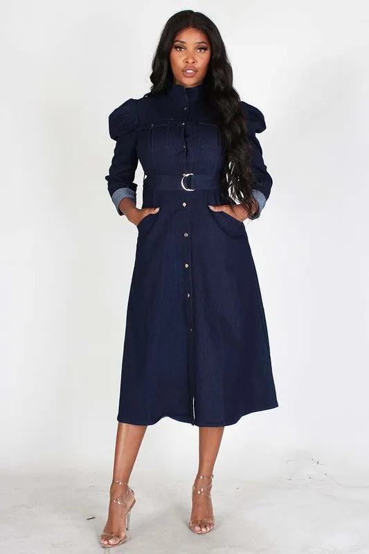 Puff Sleeve Denim Midi Dress