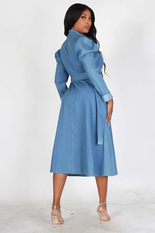 Puff Sleeve Denim Midi Dress