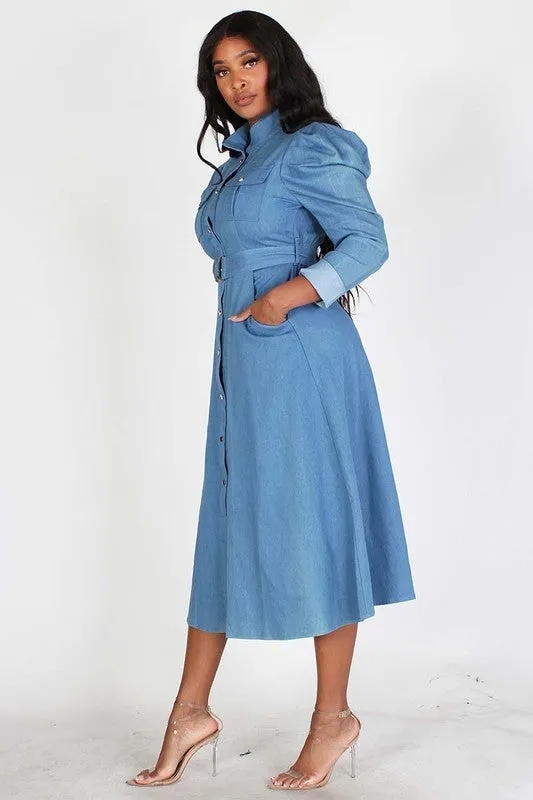 Puff Sleeve Denim Midi Dress