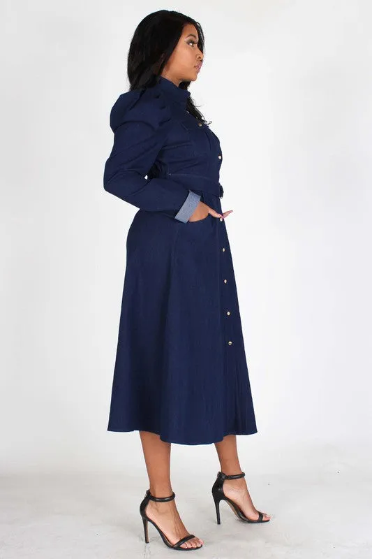 Puff Sleeve Denim Midi Dress