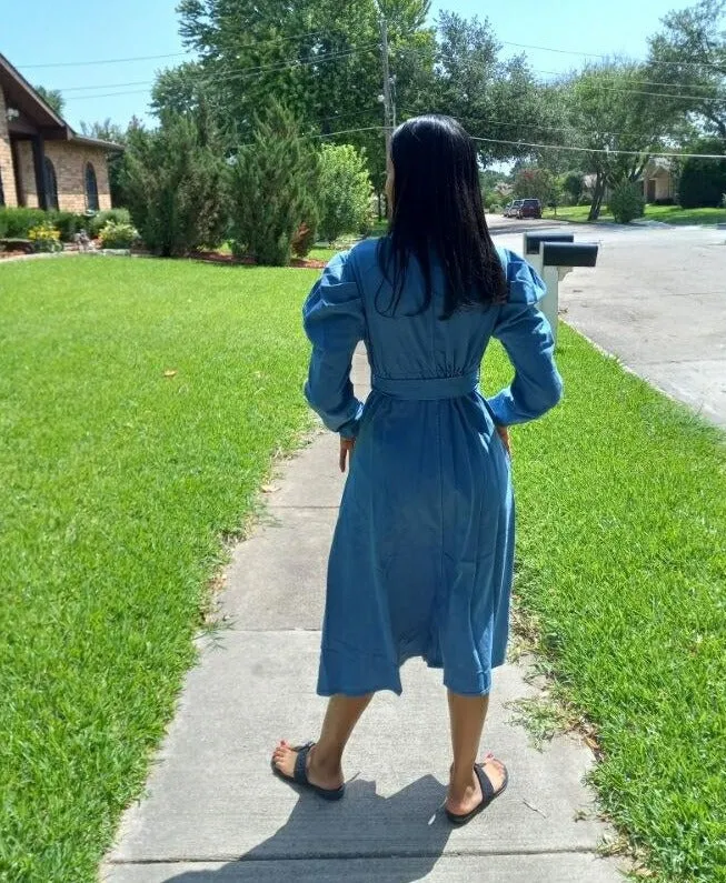 Puff Sleeve Denim Midi Dress