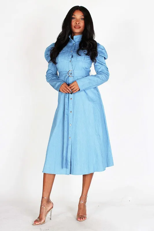 Puff Sleeve Denim Midi Dress