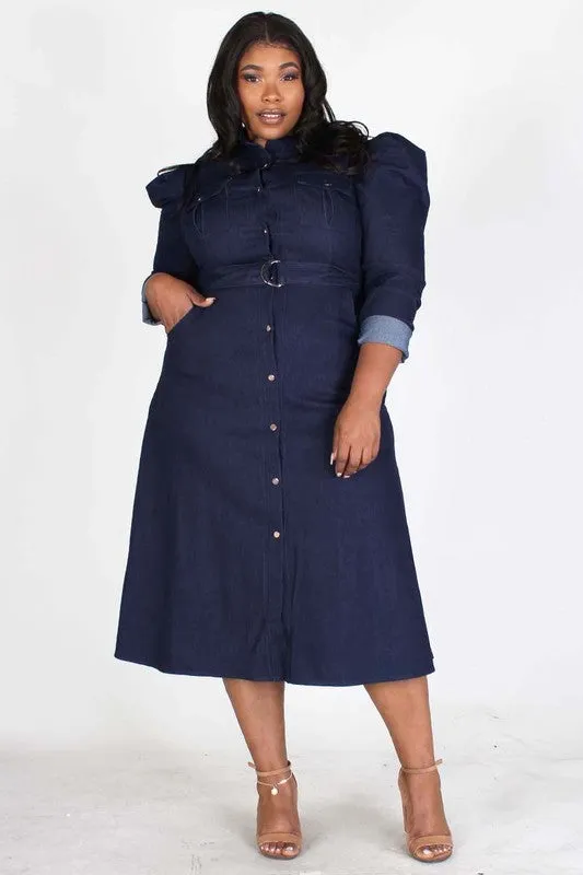 Puff Sleeve Denim Midi Dress