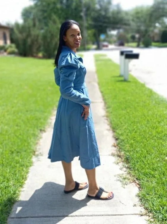 Puff Sleeve Denim Midi Dress
