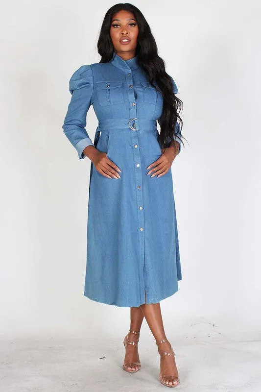 Puff Sleeve Denim Midi Dress
