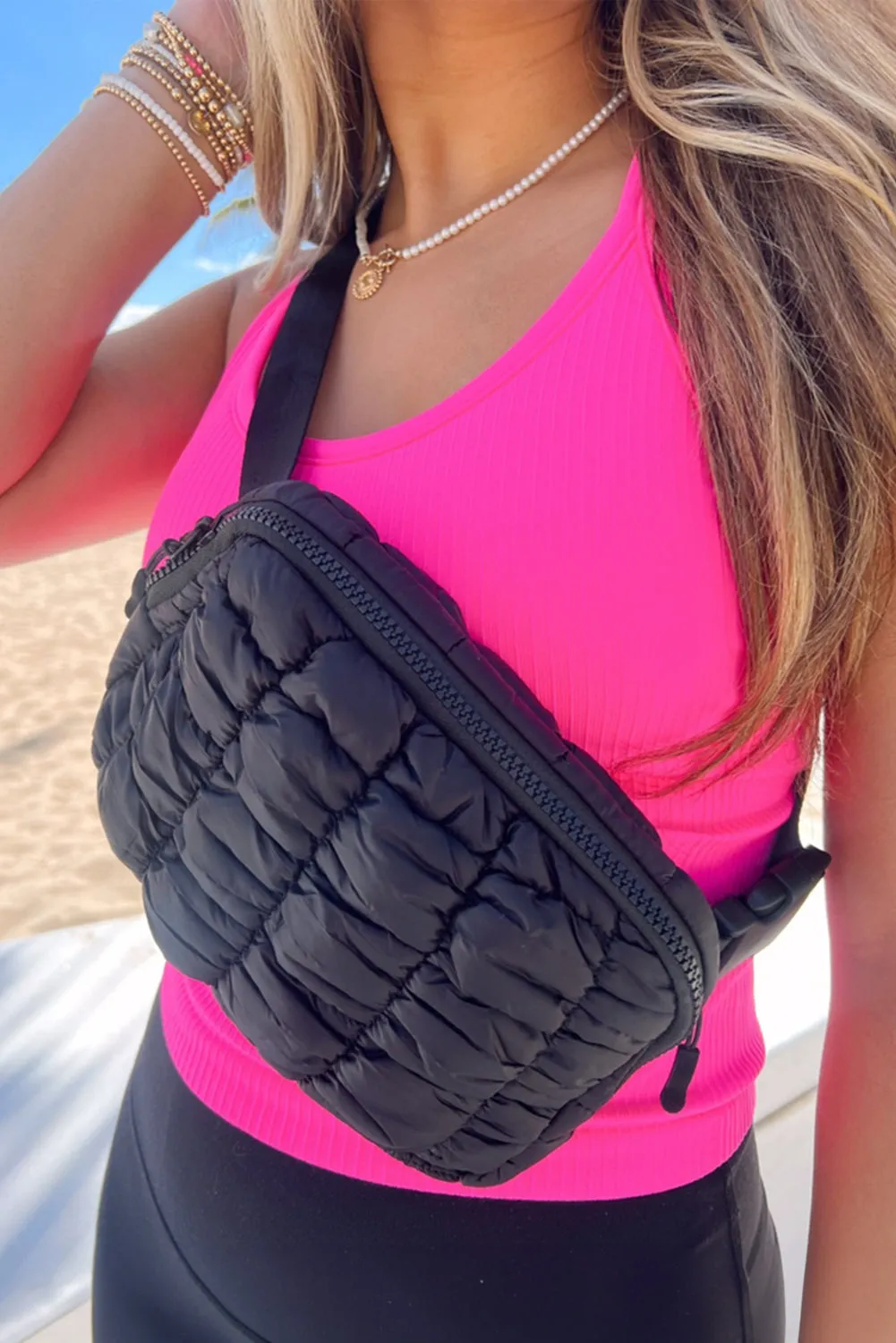 Quilted Puffer Buckle Strap Crossbody Bag
