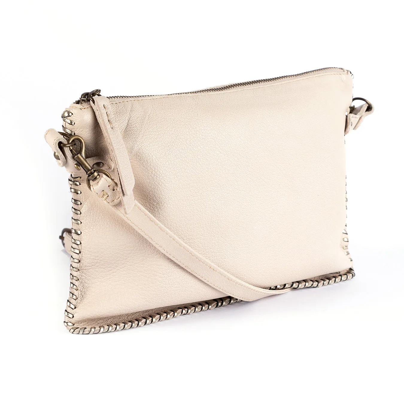 Rantu : Ladies Leather Crossbody Handbag in Cream Cayak & Platino Metal Grain Interlace