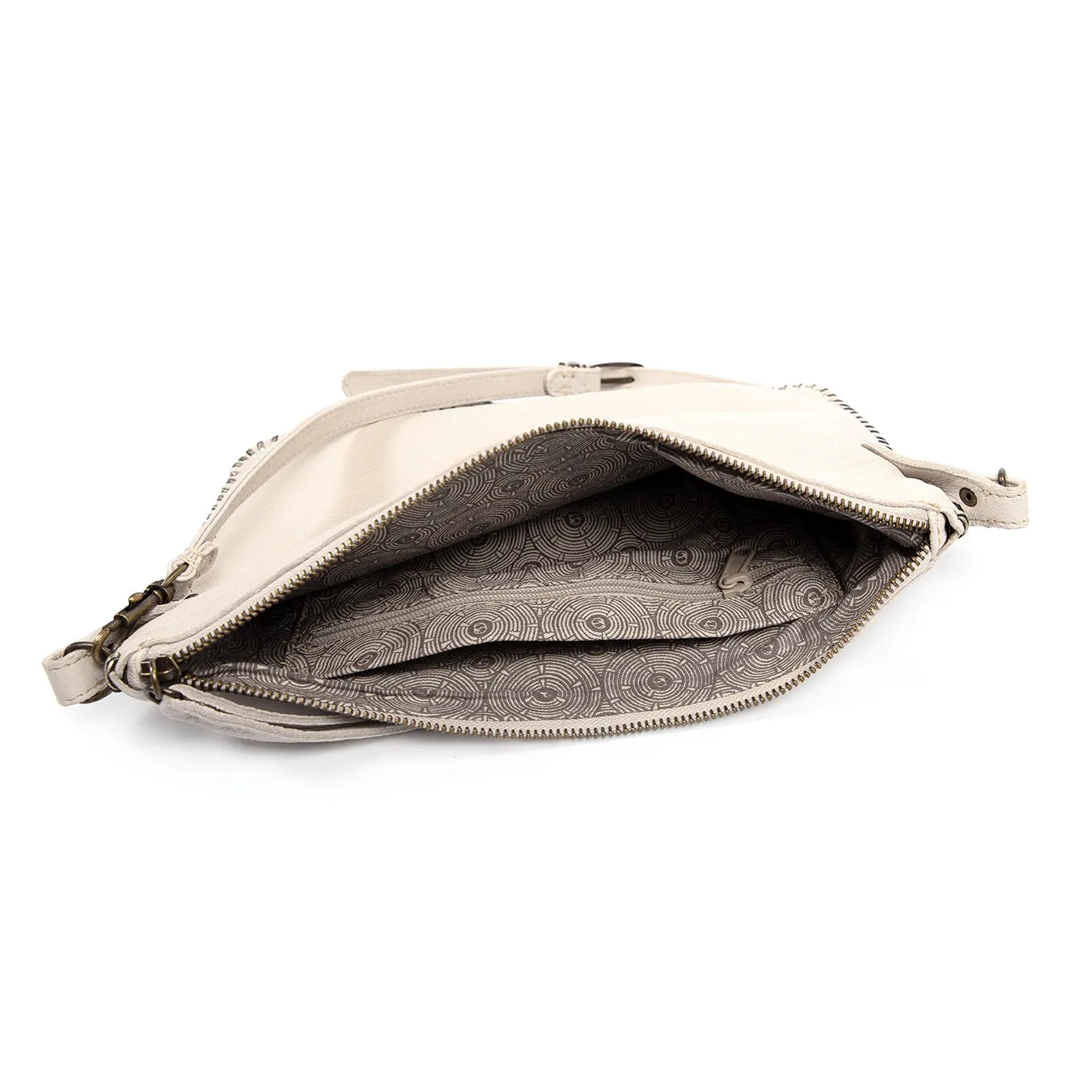 Rantu : Ladies Leather Crossbody Handbag in Cream Cayak & Platino Metal Grain Interlace