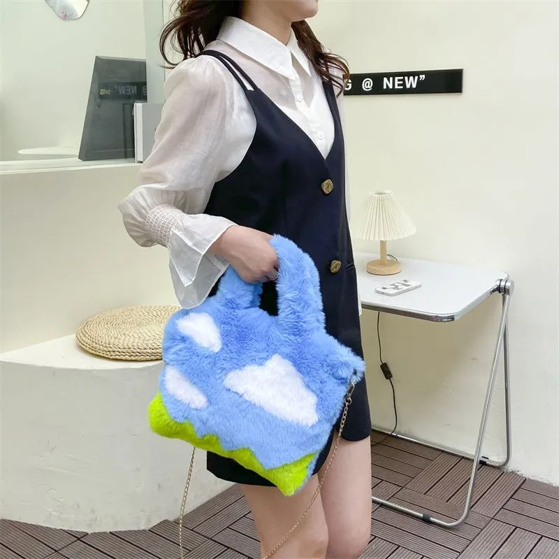 Realaiot Cute Soft Plush Women's Shoulder Bag Cartoon Sky Clouds Female Girls Small Tote Handbags Colorful Pattern Winter Messenger Bags