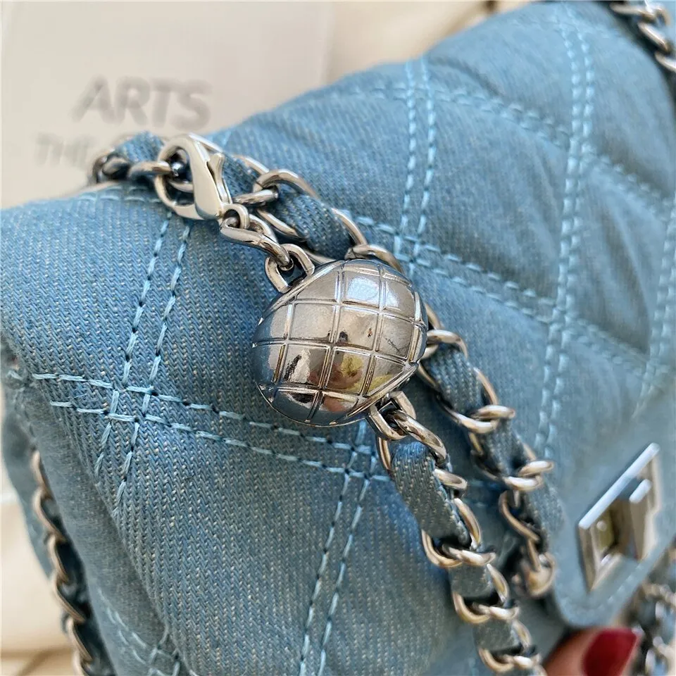 Realaiot Denim Quilted Chain Small Crossbody Shoulder Bags For Women Brand Designer Jean Blue Luxury Ladies Purses And Handbags