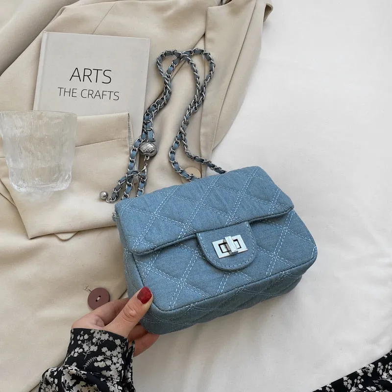 Realaiot Denim Quilted Chain Small Crossbody Shoulder Bags For Women Brand Designer Jean Blue Luxury Ladies Purses And Handbags