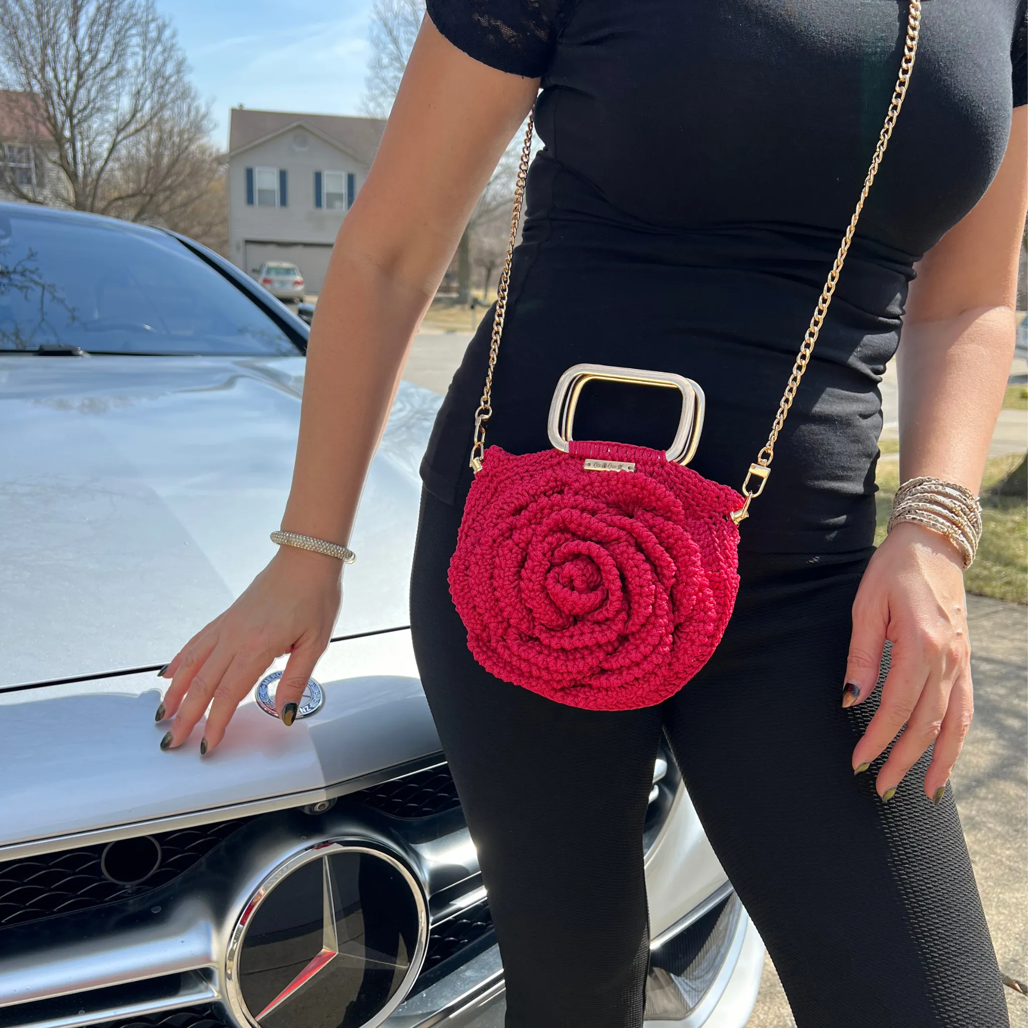 Rosa Bloom Macramé Crossbody- Red - Handmade Rectangular Metal Handle Bag