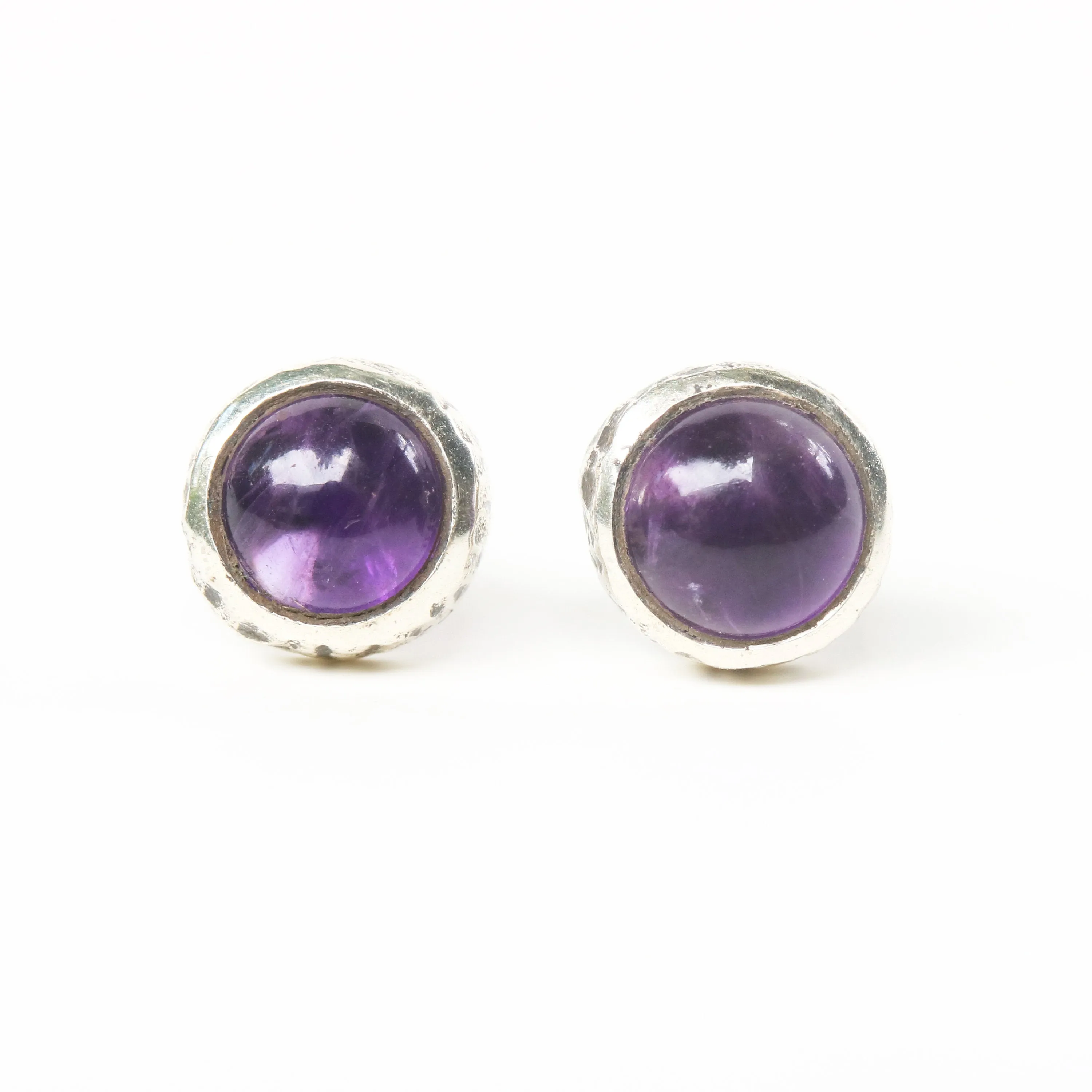 Round cabochon Amethyst earrings in silver bezel setting with sterling silver post and backing