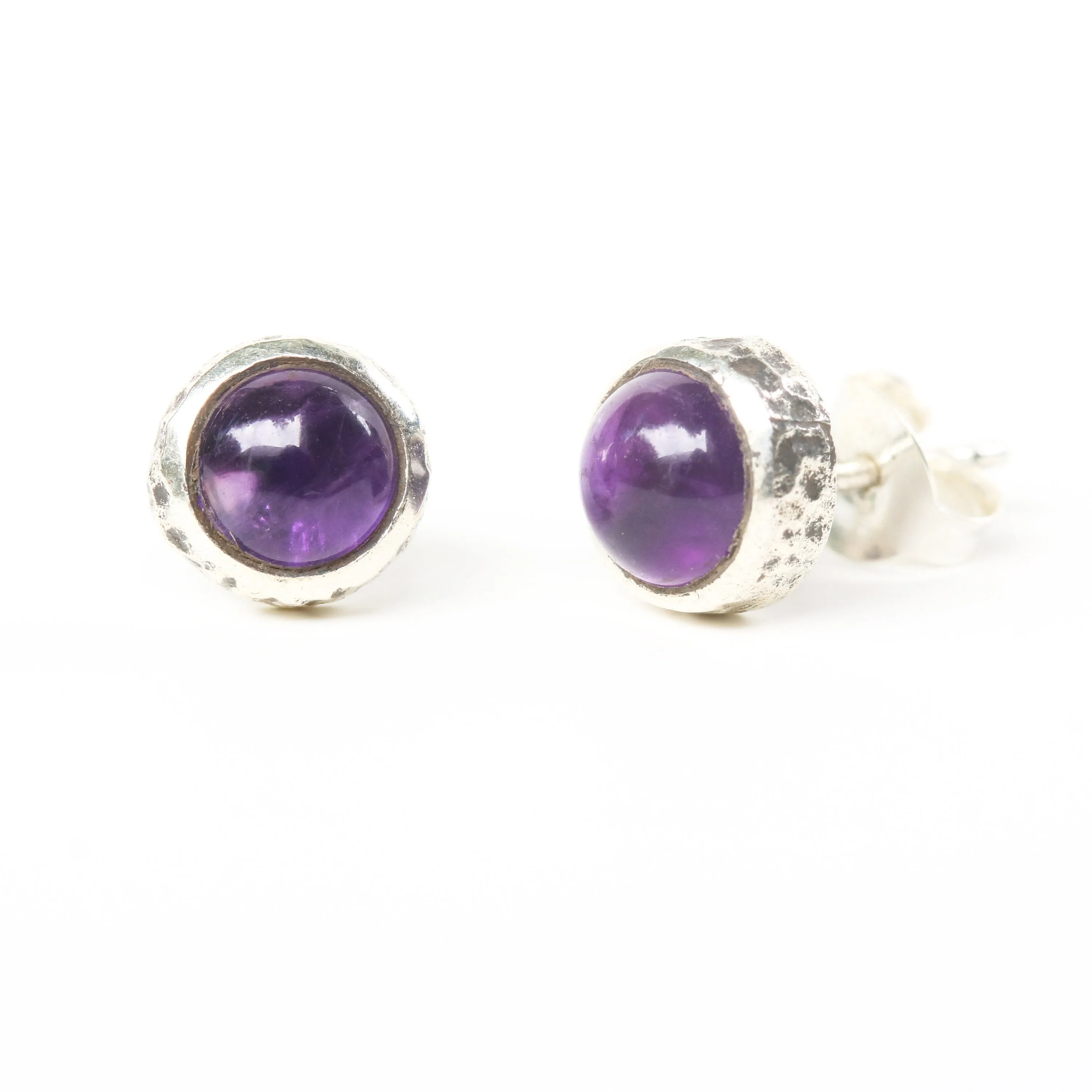 Round cabochon Amethyst earrings in silver bezel setting with sterling silver post and backing
