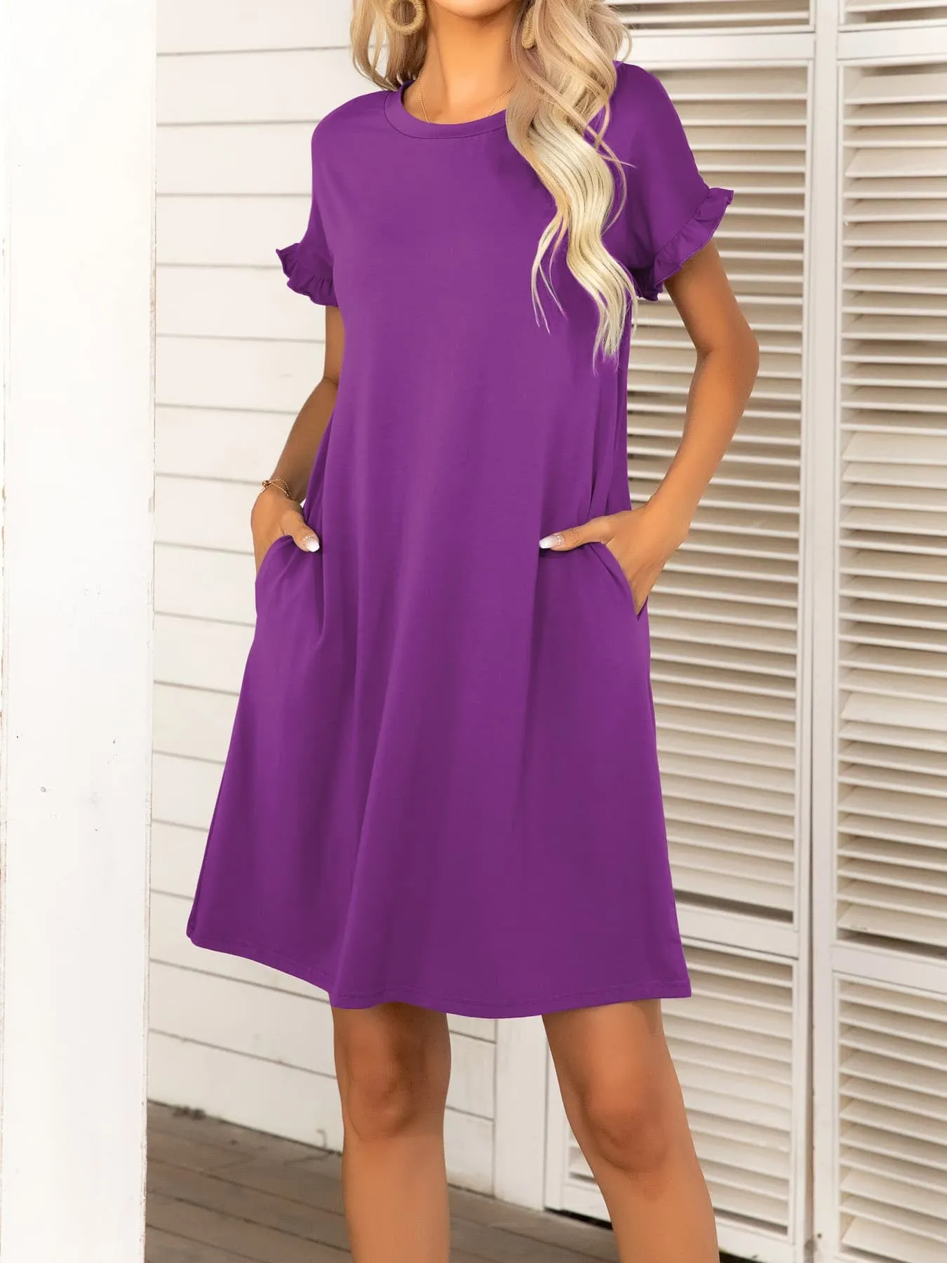 Round Neck Flounce Sleeve Dress with Pockets (6 Colors)