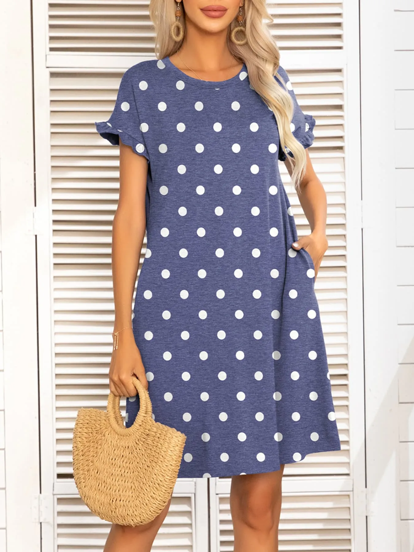 Round Neck Flounce Sleeve Dress with Pockets (6 Colors)