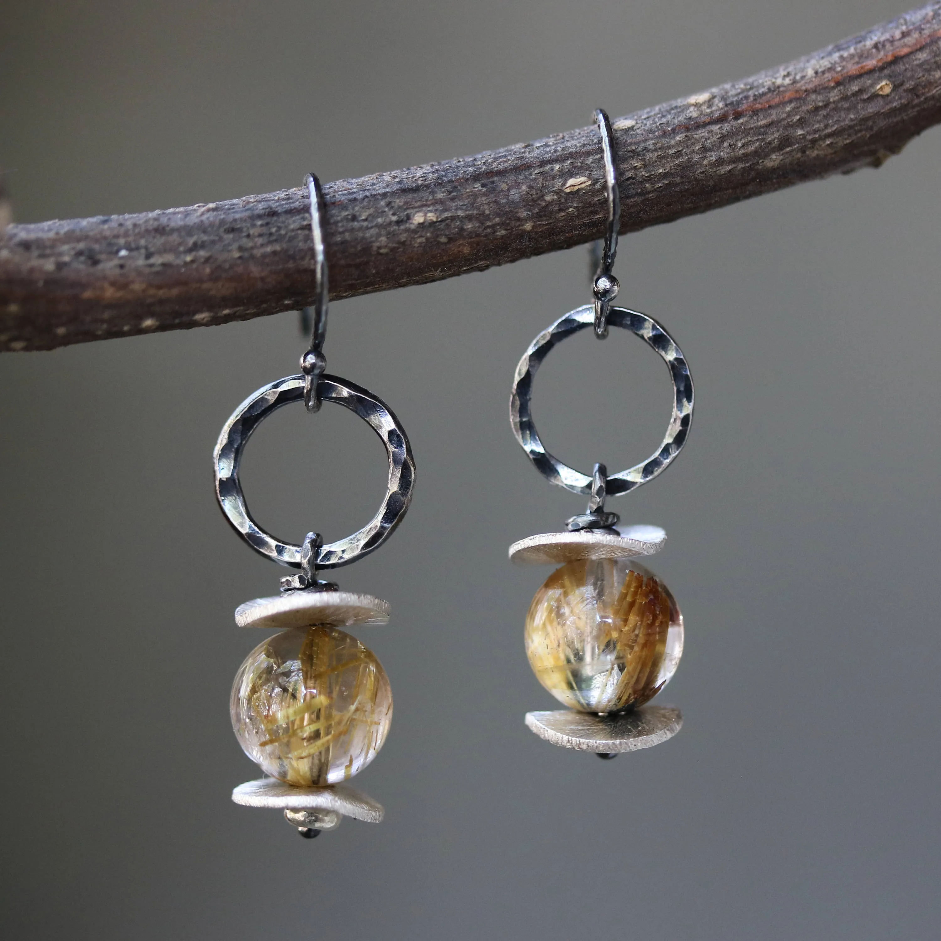 Round rutilated quartz earrings and silver plate with hammer silver oxidized loops on sterling silver oxidized hooks style